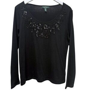 LAUREN Ralph Lauren Black Tee Large Sequin Embroidered Long Sleeve Womens Top